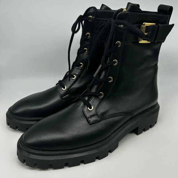 Stuart Weitzman Ultra Lug Black Combat boots Gold Buckles  size 10.5  new - Picture 5 of 14